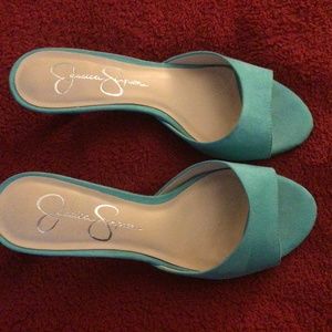 Dainty and Sexy Turquoise Slip Ons with Kitten Heel.  Jessica Simpson.  Size 7.5